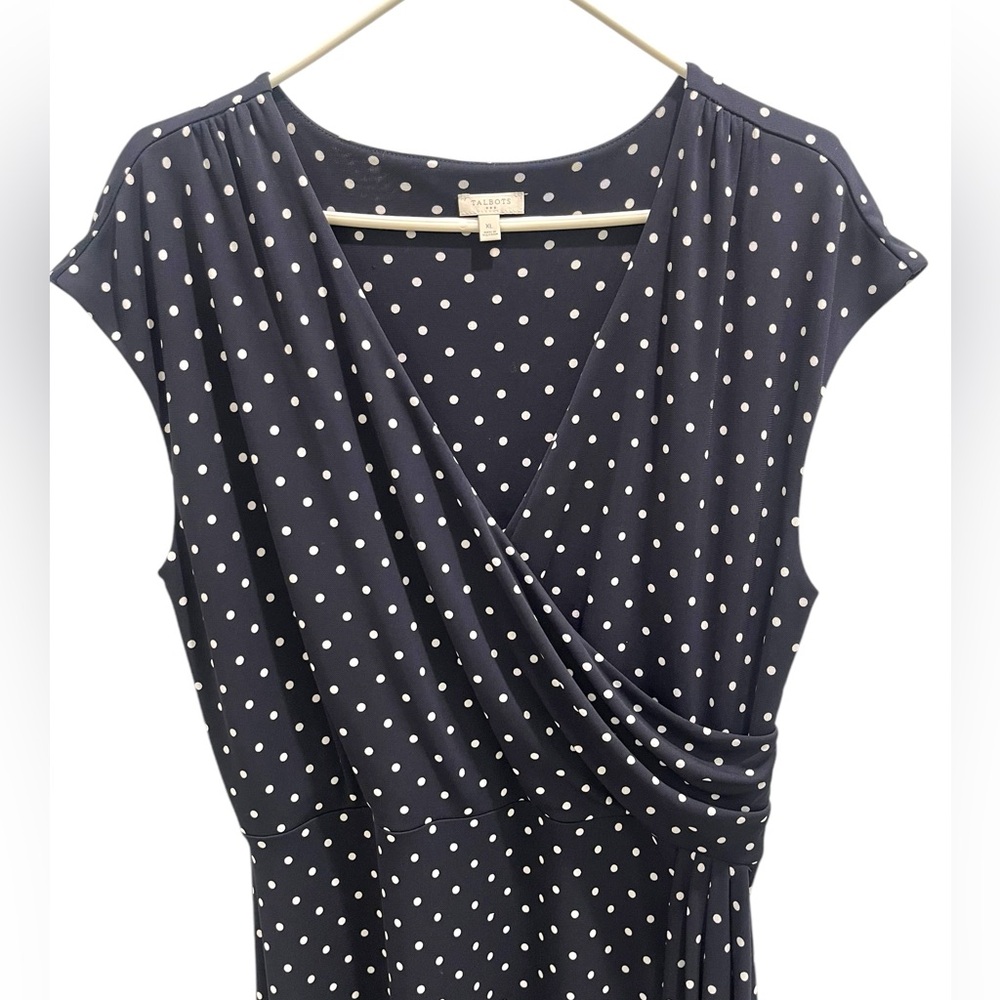 Talbots Polka Dots Ruched Midi Dress Navy Blue & White Woman’s Size XL - Picture 2 of 11